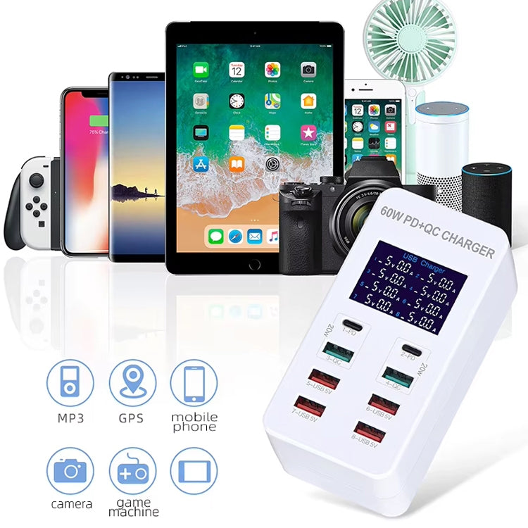 A8T 60W 8ポート USB + QC3.0 + PD Type-C スマート充電ステーション デジタルディスプレイ付き AC100-240V、UKプラグ、A8T UKプラグ
