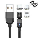 2m 3A出力 3in1 USB to 8ピン + USB-C / Type-C + Micro USB 540度回転マグネットデータ同期充電ケーブル、2m 3in1