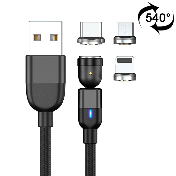 2m 3A出力 3in1 USB to 8ピン + USB-C / Type-C + Micro USB 540度回転マグネットデータ同期充電ケーブル、2m 3in1