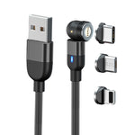 2m 3A出力 3in1 USB to 8ピン + USB-C / Type-C + Micro USB 540度回転マグネットデータ同期充電ケーブル、2m 3in1