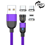 2m 3A出力 3in1 USB to 8ピン + USB-C / Type-C + Micro USB 540度回転マグネットデータ同期充電ケーブル、2m 3in1