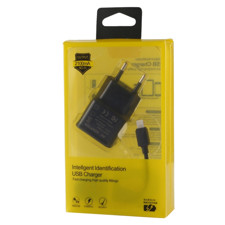 iPhone用 5V 2.1A インテリジェント識別 USB充電器 1m USB to 8ピン充電ケーブル付き、EUプラグ