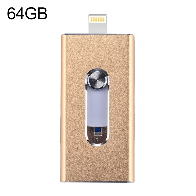 RQW-02 3-in-1 USB 2.0 & 8ピン & Micro USB 64GB フラッシュドライブ, RQW-02 ゴールド