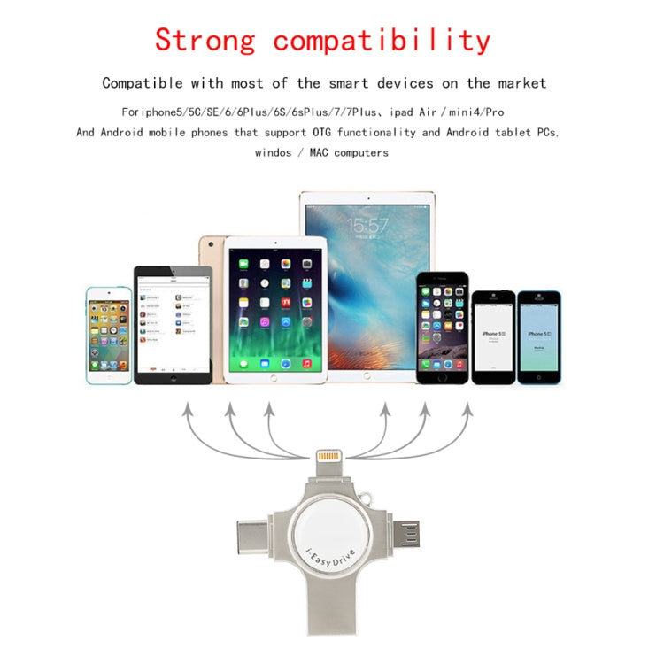 RQW-11S 4イン1 USB 2.0 & 8ピン & マイクロUSB & USB-C / Type-C 64GB フラッシュドライブ、RQW-11S