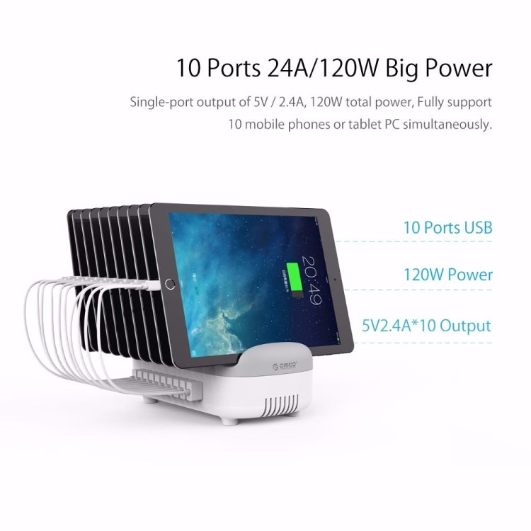 ORICO DUK-10P 120W 10ポート USB スマート充電ステーション 電話＆タブレットスタンド付き、EUプラグ、EUプラグ（ブラック）、EUプラグ（ホワイト）、USプラグ（ブラック）、USプラグ（ホワイト）、UKプラグ（ブラック）、UKプラグ（ホワイト）、AUプラグ（ブラック）、AUプラグ（ホワイト）