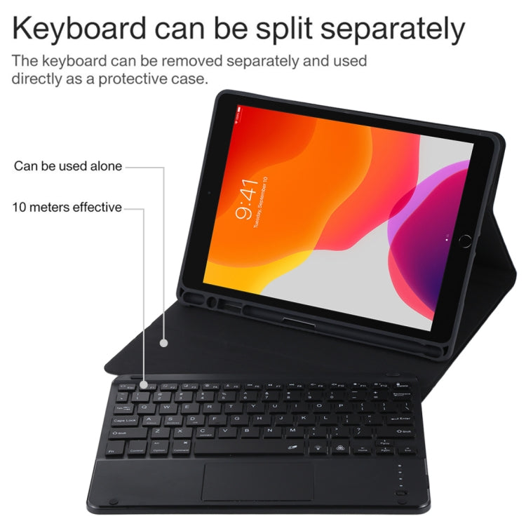 TG-102BCS 着脱式Bluetoothブラックキーボード＋マイクロファイバー革製タブレットケース iPad 10.2インチ / iPad Air（2019）用、タッチパッド＆バックライト＆ペンスロット＆ホルダー付き、ブラックキーボード