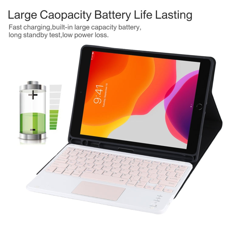 TG-102BC 着脱式 Bluetooth ピンクキーボード + マイクロファイバー レザー タブレットケース iPad 10.2インチ / iPad Air (2019) 用、タッチパッド＆ペンスロット＆ホルダー付き、ピンクキーボード
