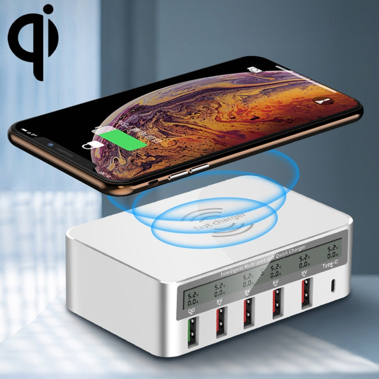 WLX-818F 6-in-1 10W QC3.0 ワイヤレス充電 + USB-C / Type-C + 4 USBポート充電器 スマートLCDディスプレイ付き EU / AUプラグ ホワイト