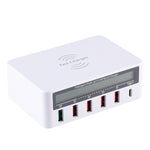 WLX-818F 6-in-1 10W QC3.0 ワイヤレス充電 + USB-C / Type-C + 4 USBポート充電器 スマートLCDディスプレイ付き EU / AUプラグ ホワイト