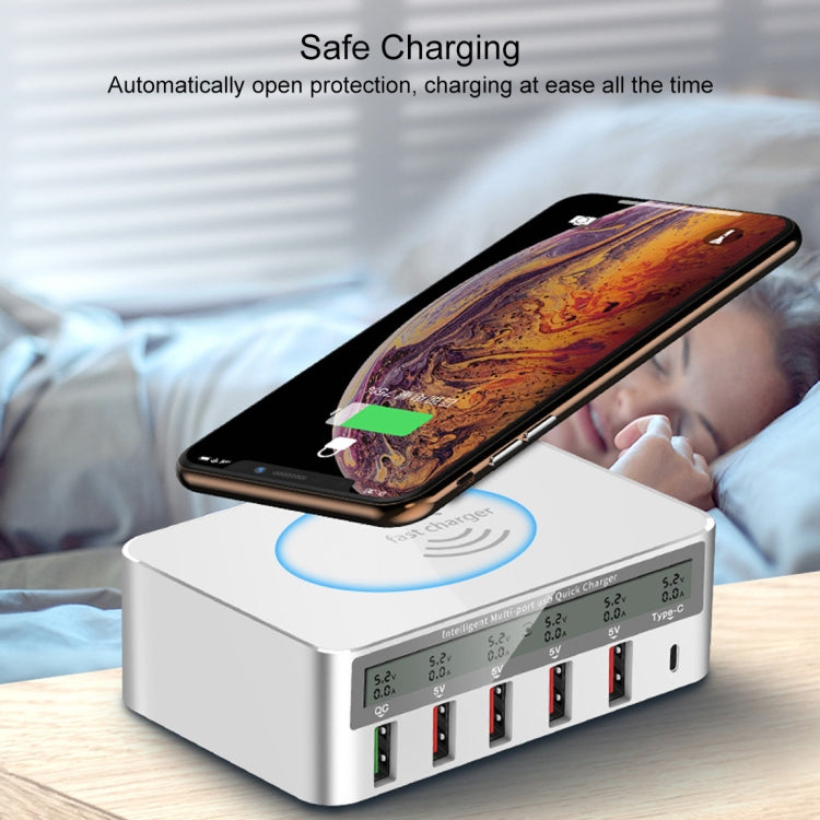 WLX-818F 6-in-1 10W QC3.0 ワイヤレス充電 + USB-C / Type-C + 4 USBポート充電器 スマートLCDディスプレイ付き EU / AUプラグ ホワイト