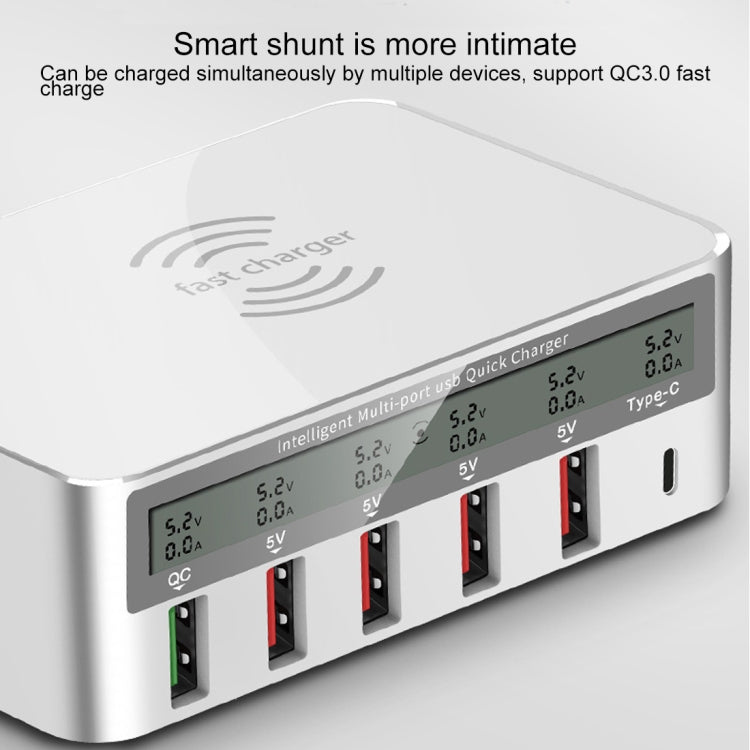 WLX-818F 6-in-1 10W QC3.0 ワイヤレス充電 + USB-C / Type-C + 4 USBポート充電器 スマートLCDディスプレイ付き EU / AUプラグ ホワイト