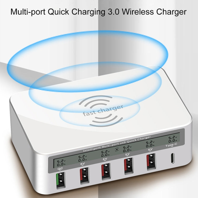 WLX-818F 6-in-1 10W QC3.0 ワイヤレス充電 + USB-C / Type-C + 4 USBポート充電器 スマートLCDディスプレイ付き EU / AUプラグ ホワイト