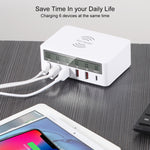 WLX-818F 6-in-1 10W QC3.0 ワイヤレス充電 + USB-C / Type-C + 4 USBポート充電器 スマートLCDディスプレイ付き EU / AUプラグ ホワイト