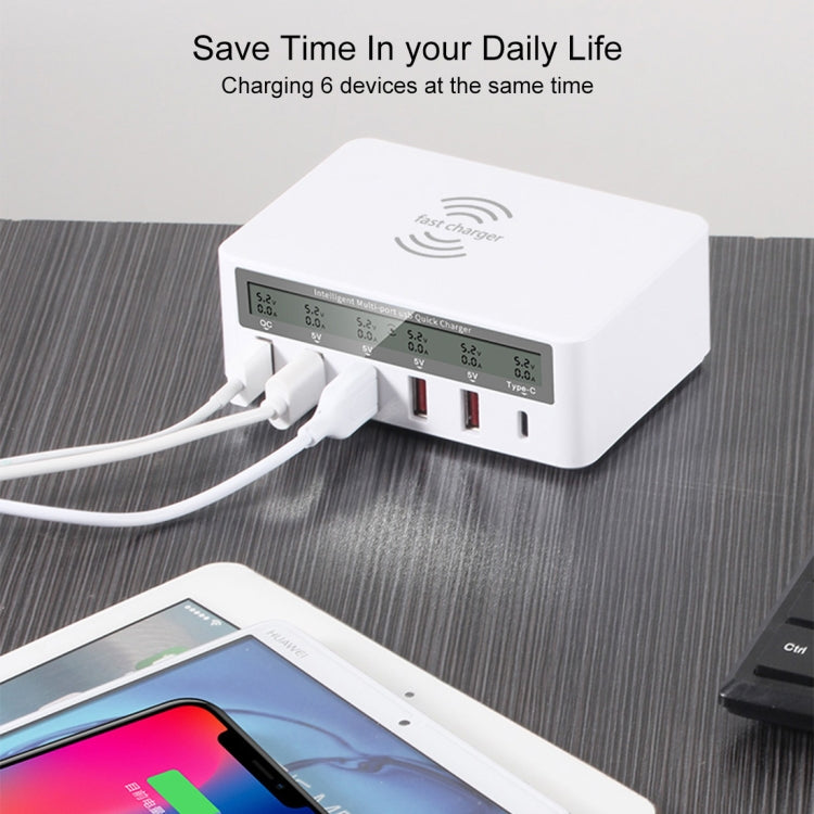WLX-818F 6-in-1 10W QC3.0 ワイヤレス充電 + USB-C / Type-C + 4 USBポート充電器 スマートLCDディスプレイ付き EU / AUプラグ ホワイト