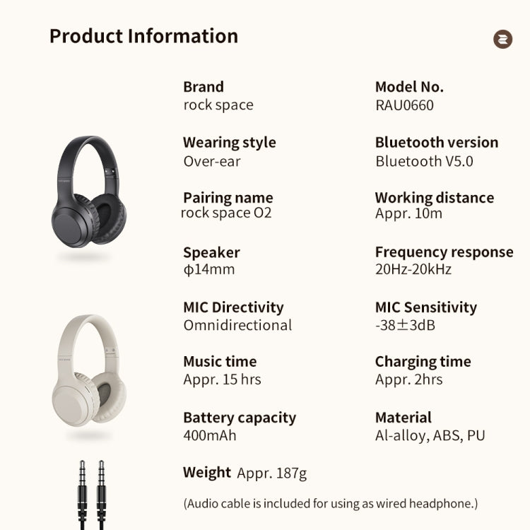 ROCK Space O2 HiFi Bluetooth 5.0 ワイヤレスヘッドセット マイク付き、TFカード対応、Space O2