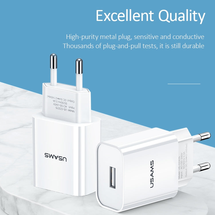 USAMS US-CC075 T18 2.1A シングルUSB トラベル充電器、EUプラグ