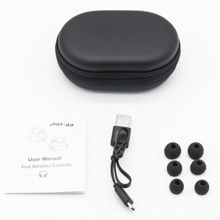 JHO-A9 TWS ワイヤレスハンギングイヤータイプ Bluetoothイヤホン 充電＋収納一体型ジッパーバッグ付き、音声操作対応、JHO-A9