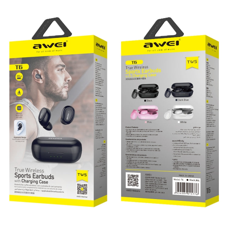awei T6 TWS Bluetooth V5.0 完全ワイヤレススポーツヘッドセット 充電ケース付き