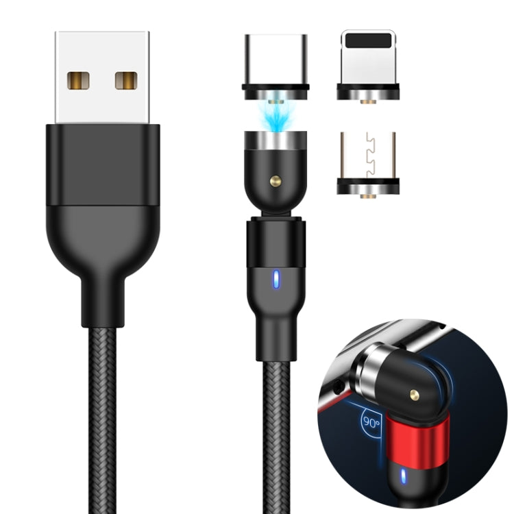 1m 2A出力 3in1 USB to 8ピン + USB-C / Type-C + Micro USB ナイロン編み回転式マグネット充電ケーブル、1m 3in1