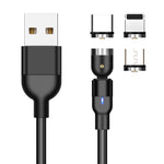 1m 2A出力 3in1 USB to 8ピン + USB-C / Type-C + Micro USB ナイロン編み回転式マグネット充電ケーブル、1m 3in1