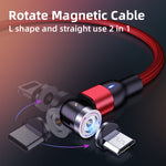 1m 2A出力 3in1 USB to 8ピン + USB-C / Type-C + Micro USB ナイロン編み回転式マグネット充電ケーブル、1m 3in1