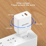 awei C-980 18W PD USB-C / Type-C + QC 3.0 USBインターフェース 急速充電トラベル充電器、EUプラグ
