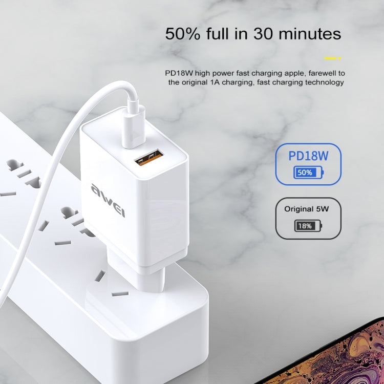awei C-980 18W PD USB-C / Type-C + QC 3.0 USBインターフェース 急速充電トラベル充電器、EUプラグ