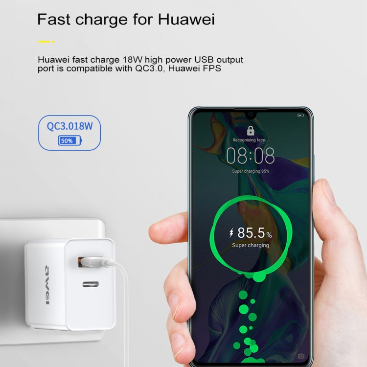 awei C-980 18W PD USB-C / Type-C + QC 3.0 USBインターフェース 急速充電トラベル充電器、EUプラグ