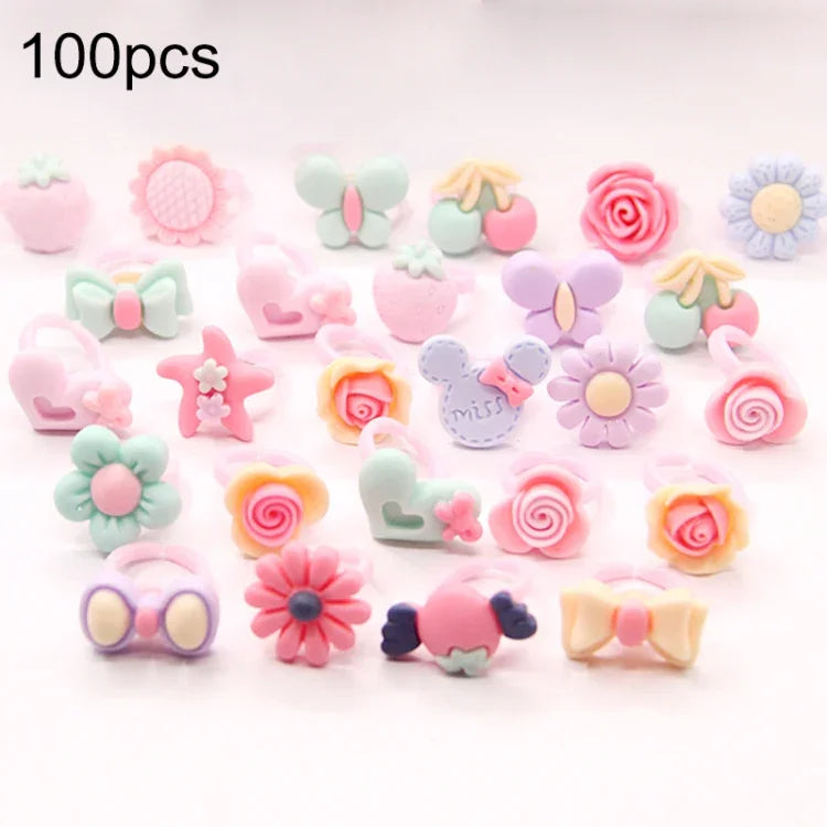 100個セット 子供用かわいいカートゥーン樹脂花動物ハートリボンリング、マット仕上げ、マット仕上げ、100個