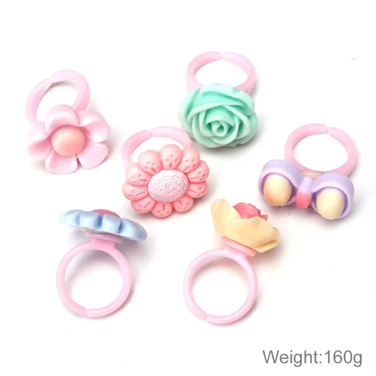 100個セット 子供用かわいいカートゥーン樹脂花動物ハートリボンリング、マット仕上げ、マット仕上げ、100個