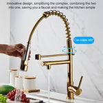 銅製プルタイプ大型スプリング二重出口キッチンシンク温冷水栓、ゴールド