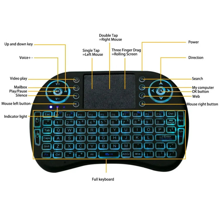 2.4GHz ミニ i8 ワイヤレス QWERTY キーボード カラフルバックライト＆タッチパッド＆マルチメディアコントロール付き PC、Android TV BOX、X-BOX プレーヤー、スマートフォン用 カラフルバックライト変更可能