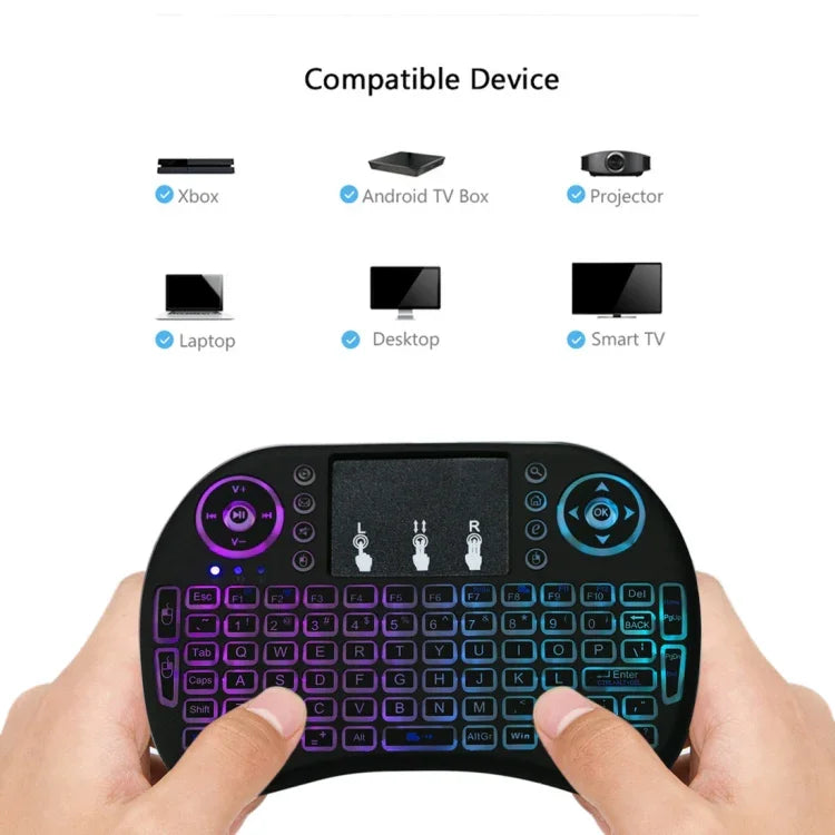 2.4GHz ミニ i8 ワイヤレス QWERTY キーボード カラフルバックライト＆タッチパッド＆マルチメディアコントロール付き PC、Android TV BOX、X-BOX プレーヤー、スマートフォン用 カラフルバックライト変更可能