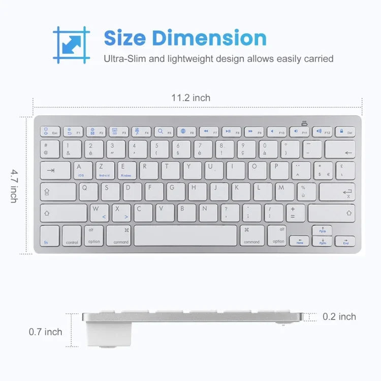 WB-8022 iPad、Samsung、Huawei、Xiaomi、タブレットPCまたはスマートフォン用超薄型ワイヤレスBluetoothキーボード、フランス語キー、フランス語キー