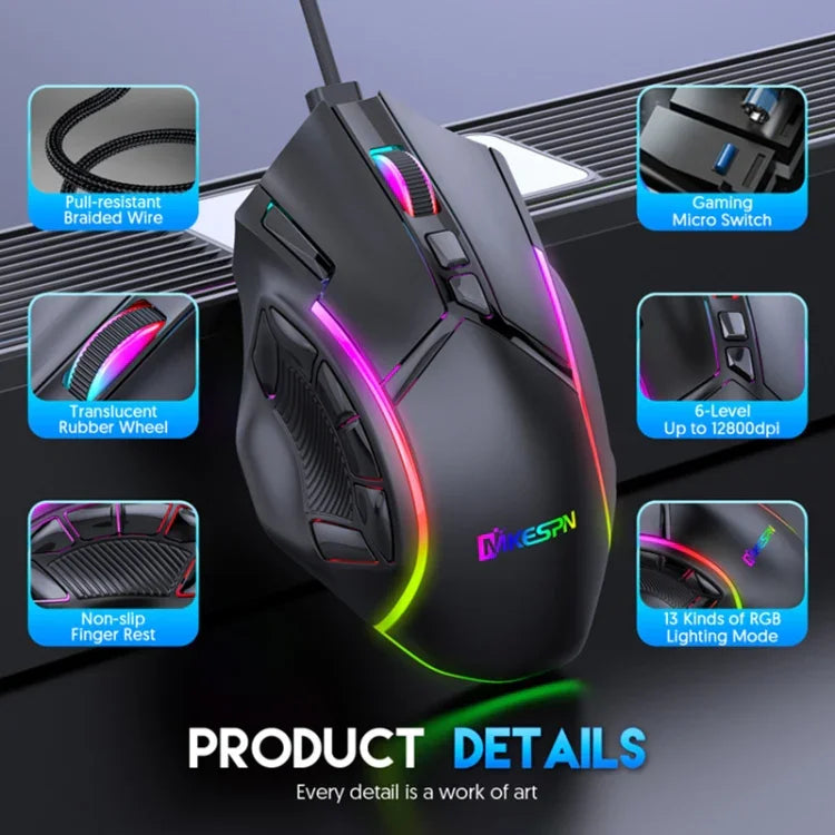 MKESPN X15 フルスピード 12800DPI 12ボタンマクロ定義 RGB 有線マウス、x15