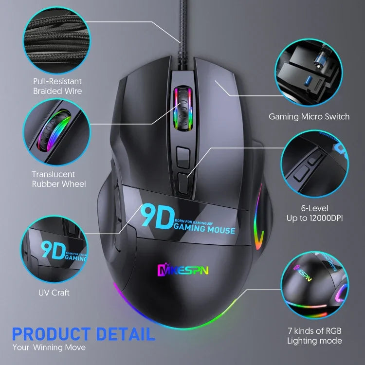 MKESPN X10 9ボタン RGB 有線フルスピードマクロ定義ゲーミングマウス、フルスピードマクロ定義