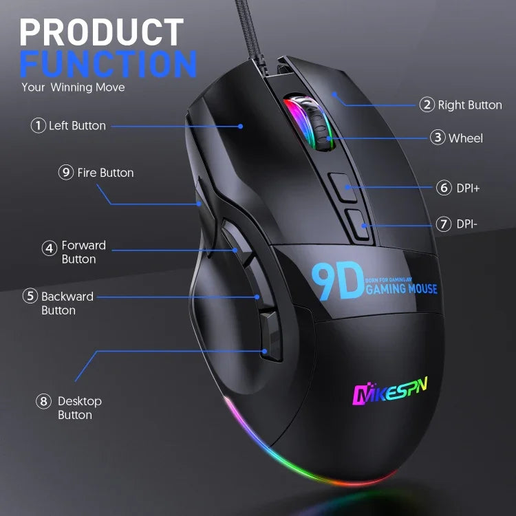MKESPN X10 9ボタン RGB 有線フルスピードマクロ定義ゲーミングマウス、フルスピードマクロ定義