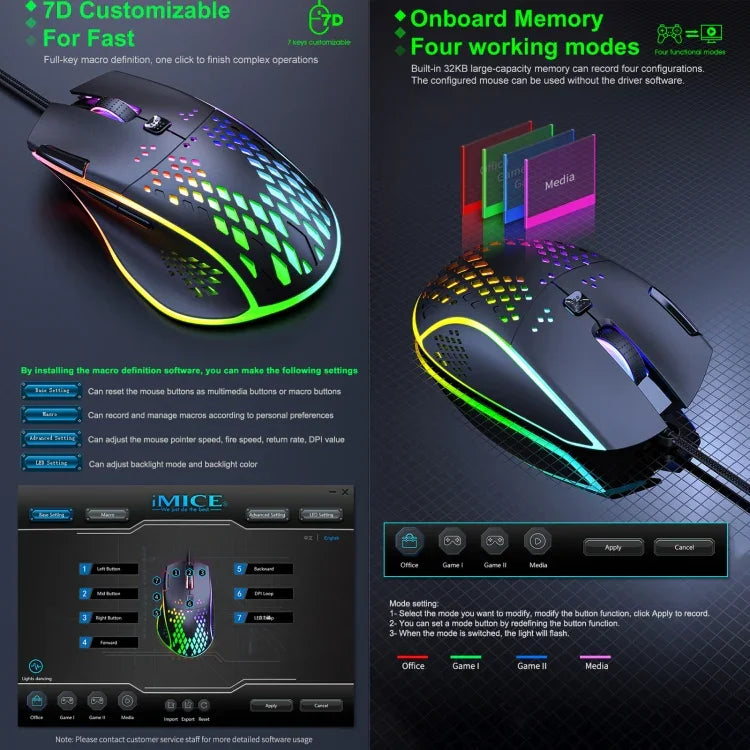 iMICE T97 ゲーミングマウス RGB LEDライト USB 7ボタン 7200 DPI 有線ゲーミングマウス