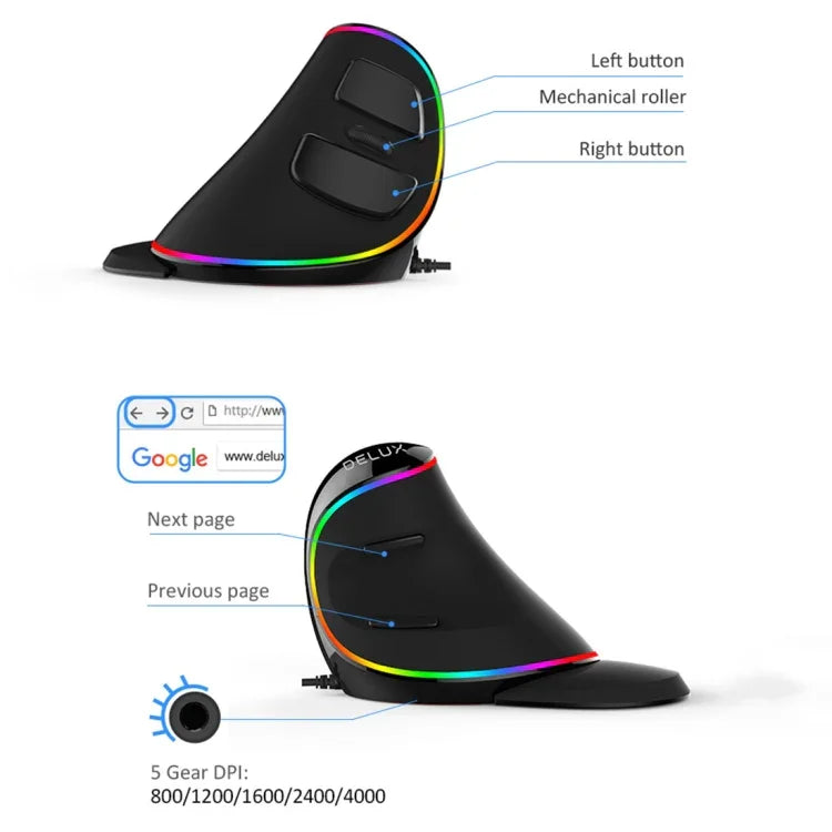 DELUX M618 Plus RGB 有線光学マウス エルゴノミクス垂直マウス 4000DPI、有線4000DPI