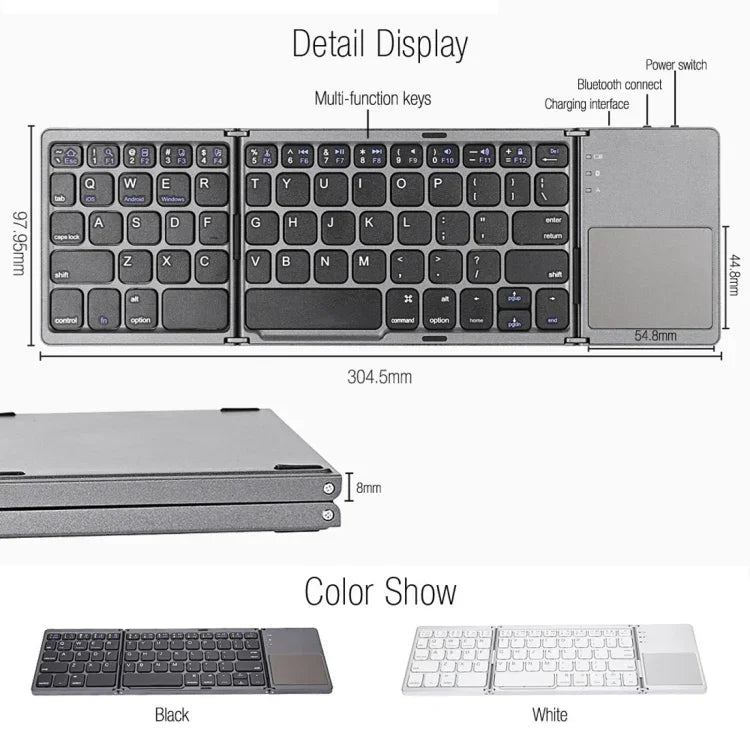 B033 充電式3つ折り64キー Bluetooth ワイヤレスキーボード タッチパッド付き、3つ折り64キー タッチパッド付き ホワイト