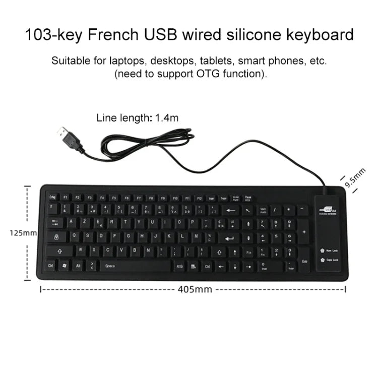 103キー フレンチ USB 有線 シリコン防水キーボード デスクトップ ノートパソコン用、ケーブル長：1.5m