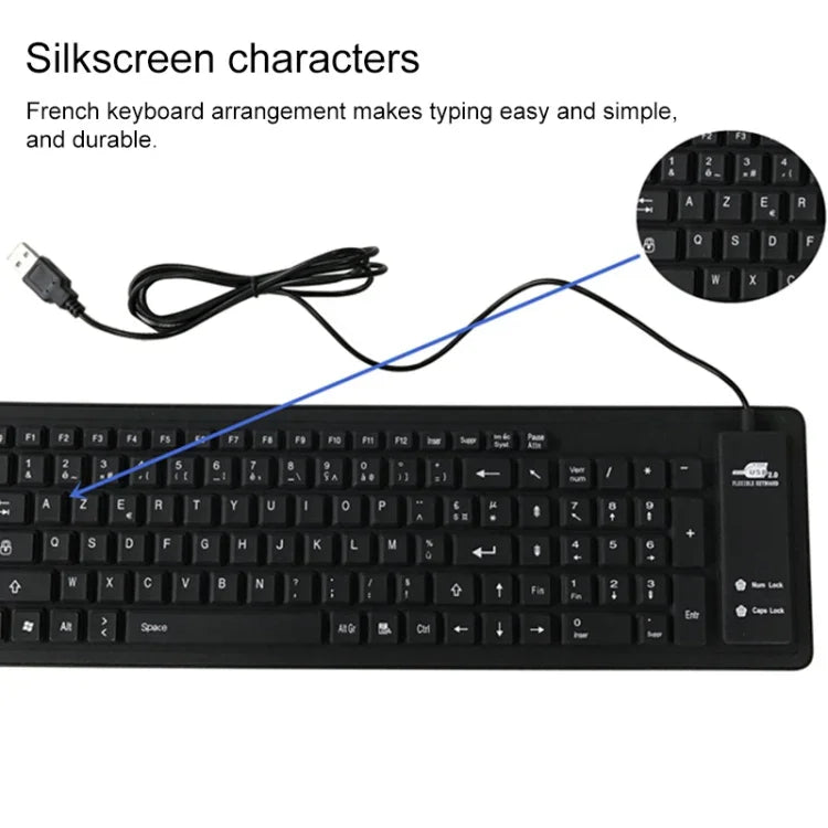 103キー フレンチ USB 有線 シリコン防水キーボード デスクトップ ノートパソコン用、ケーブル長：1.5m
