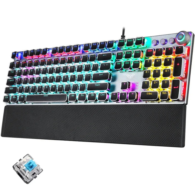 AULA F2088 108キー ミックスライトめっきパンクメカニカルブルースイッチ有線USBゲーミングキーボード メタルボタン付き、ブルースイッチシルバー
