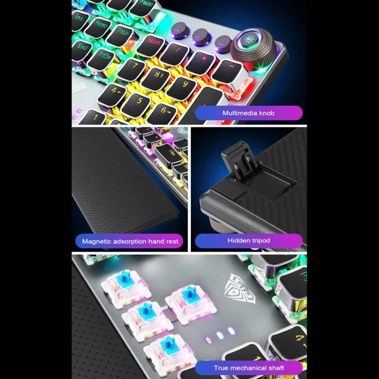 AULA F2088 108キー ミックスライトめっきパンクメカニカルブルースイッチ有線USBゲーミングキーボード メタルボタン付き、ブルースイッチシルバー