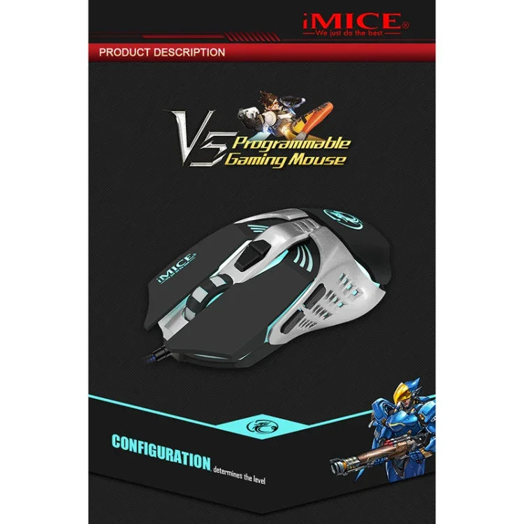 iMICE V5 USB 7ボタン 4000 DPI 有線光学カラフルバックライトゲーミングマウス パソコンPCラップトップ用、V5（ホワイト）