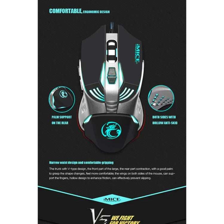 iMICE V5 USB 7ボタン 4000 DPI 有線光学カラフルバックライトゲーミングマウス パソコンPCラップトップ用、V5（ホワイト）