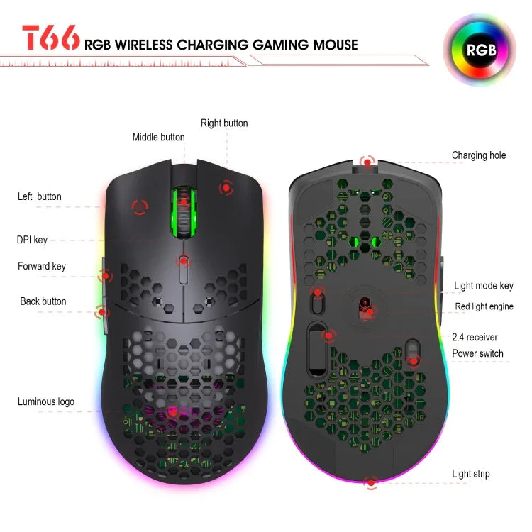 HXSJ T66 7キー カラフルライティングプログラム可能ゲーミングワイヤレスマウス、T66（ホワイト）