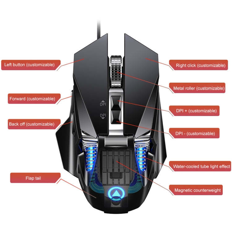 YINDIAO G10 7200DPI 7モード調整可能7キーRGBライト有線メタルメカニカルハードコアマクロマウス、スタイル：オーディオバージョン