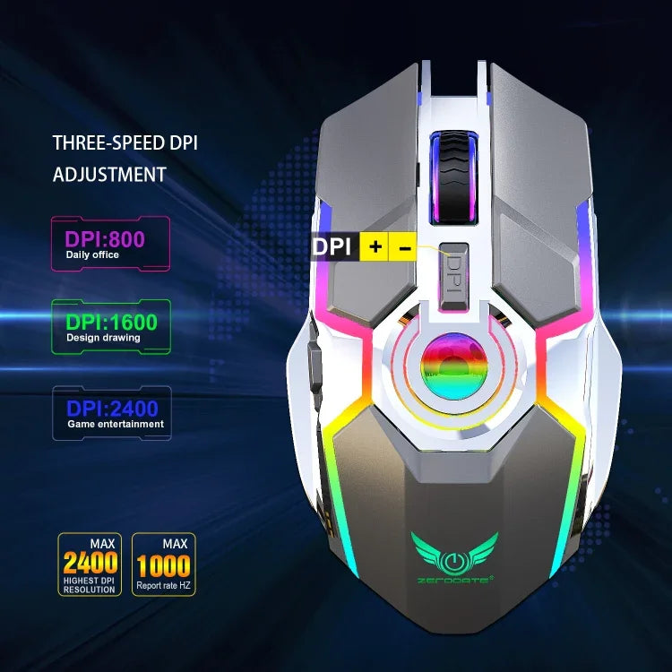 ZERODATE T30 2.4GHz 2400DPI 3段階調整可能 RGBバックライト ワイヤレス光学式マウス、T30ホワイト