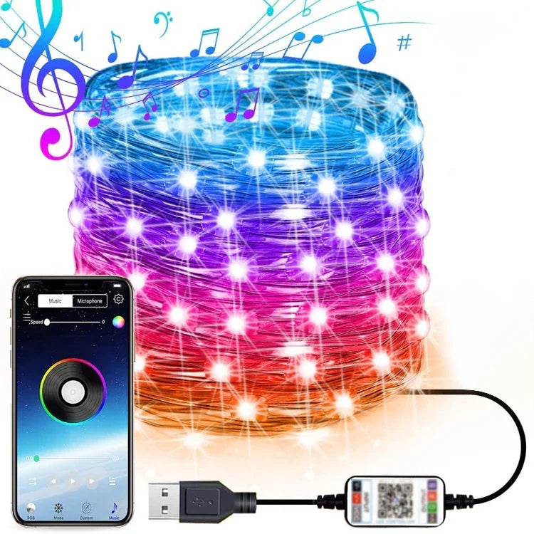 クリスマス装飾 RGB銅線ストリングライト Bluetoothモバイルアプリ制御、長さ：10m 100灯、10m 100灯